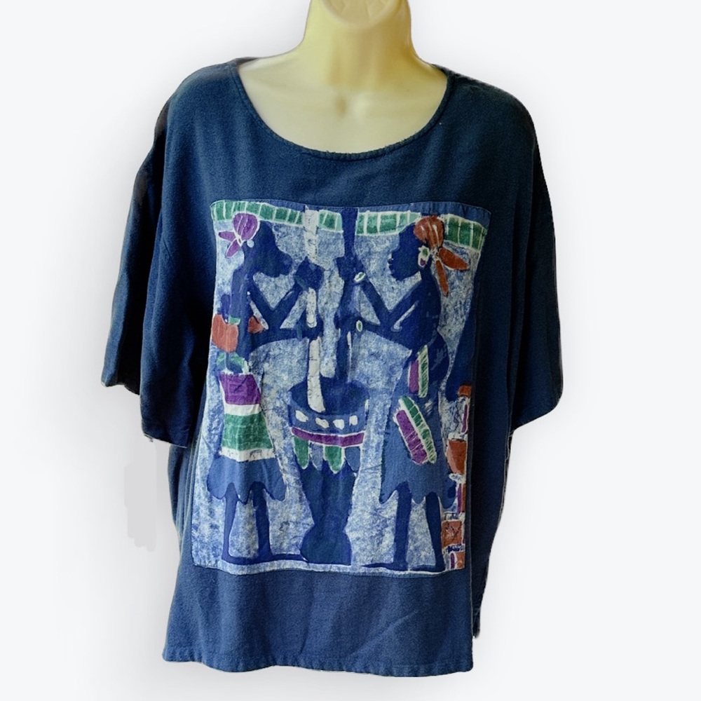 Vintage Nefertiti Ethnic Fabric Stitched-On Front Panel Short Sleeve Shirt ~ 1